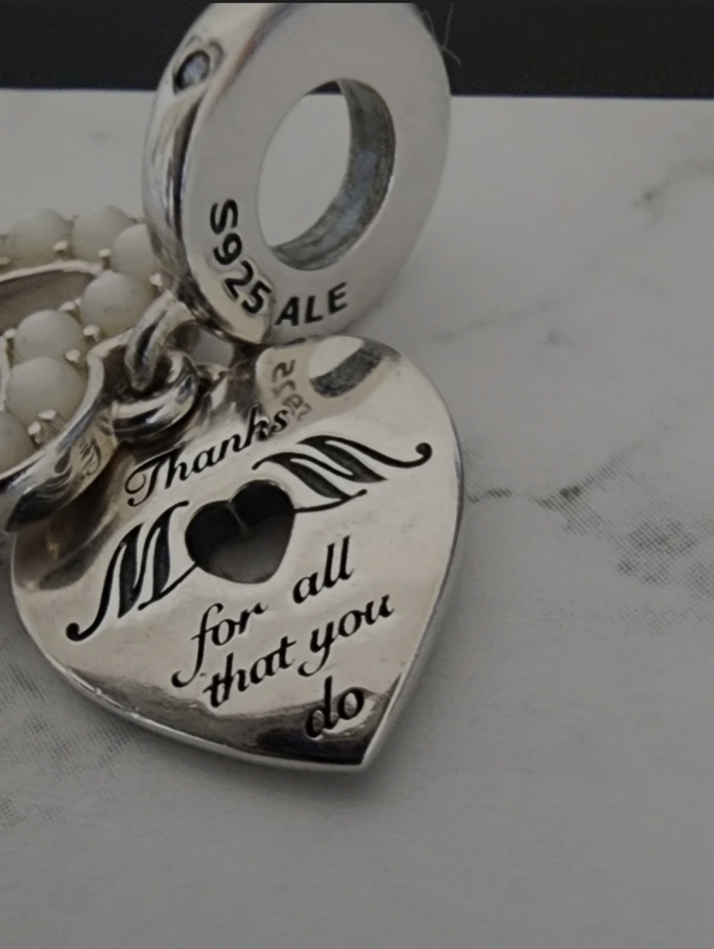 Authentic Pandora Pearlescent White Heart Double Dangle Charm - Picture 3 of 6